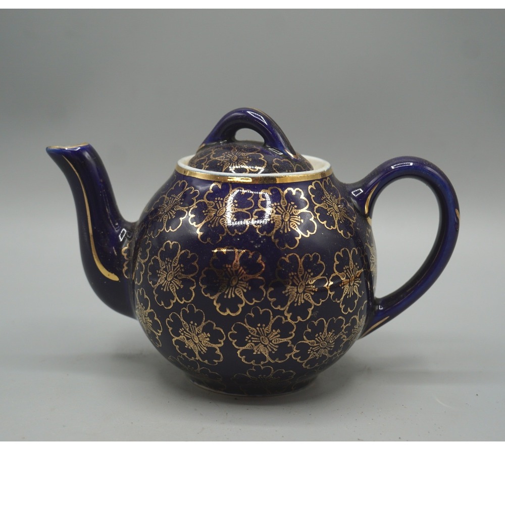 Vintage Hall China Cobalt Blue Gold Floral 2 Cup Teapot Shape 048 USA MCM